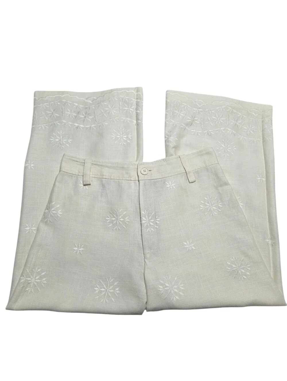 ZARA Embroidered Linen Blend Crop Pants Cream Medium